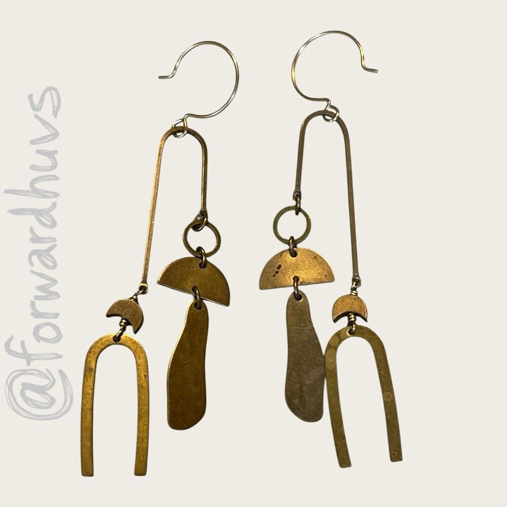 Vintage Handcrafted Brass Modernist Statement Dangle Earrings 3.5” - Picture 4 of 6